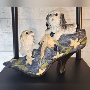 Vintage Decorative Shoe with Puppies Figurine